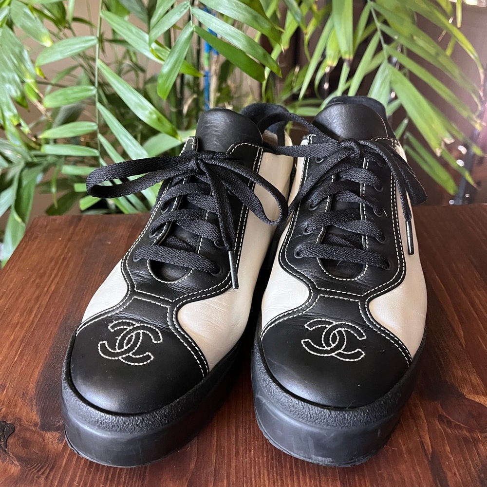 Chanel Leather Black White Platform Sneakers Shoes